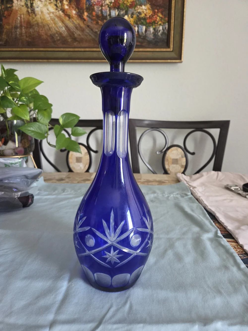 Cobalt Blue Cut-Glass Decanter with Stopper